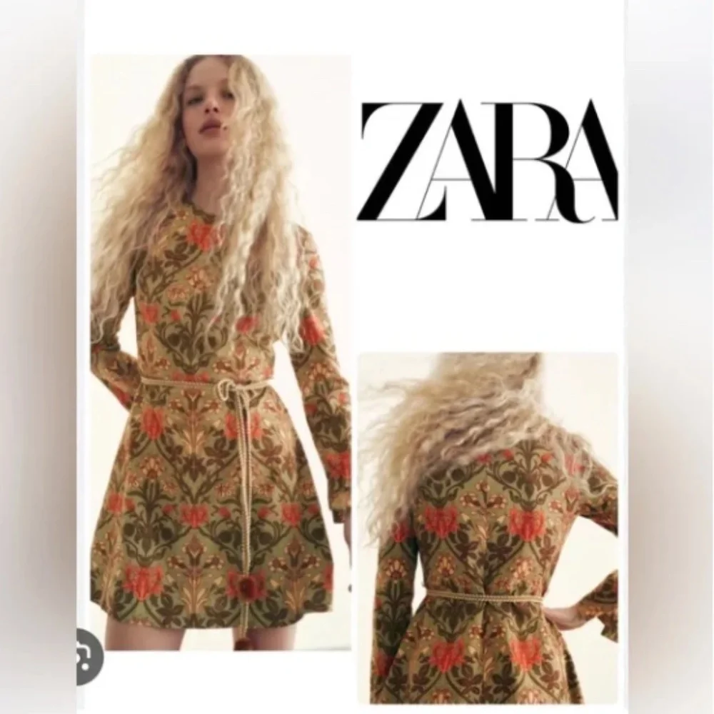Zara Printed Floral Dress with Belt Linen Blend Size S New W/O Tags - Picture 2 of 7